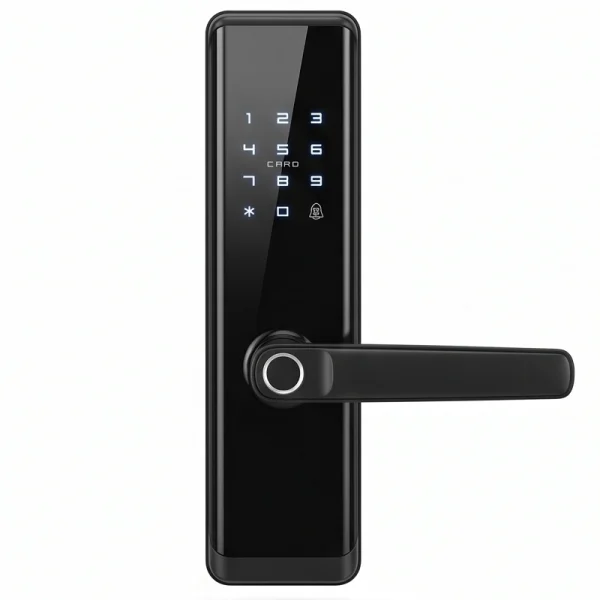Lynox Smart Villa & Airbnb Lock WC-6918, Black Glass Finish, Semiconductor Fingerprint + Mifare Card + Password + Key + TTLock App Control, 4x AA Battery Power, Cylinder Security Level C, Door Thickness 35–70mm