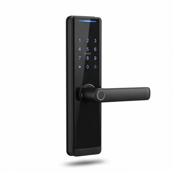 Novis Smart Lock WC-6916, Black Glass Finish, Fingerprint + Mifare Card + Password + Key + TTLock App Control, 4x AA Battery, Cylinder Level C, Door 35–70mm