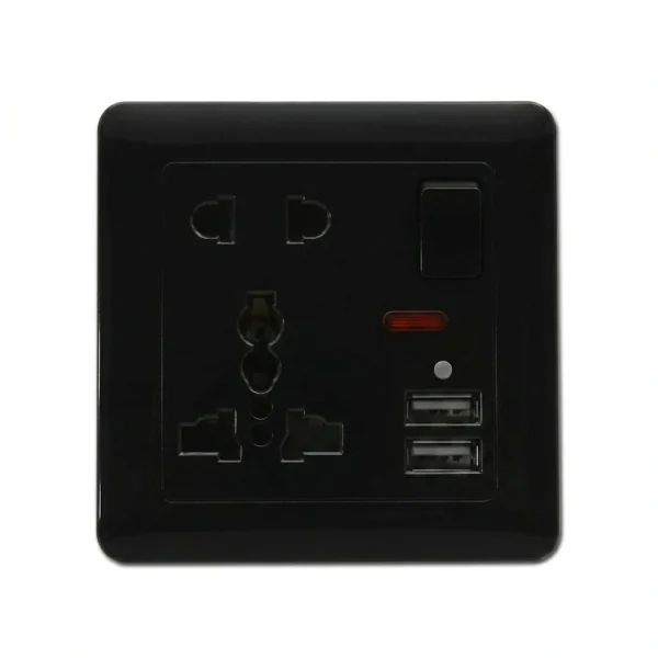 Velin Classic Socket 5 Hole + 2 USB WC-6966, Matte Black Finish, Minimalist Smart Power Outlet Design